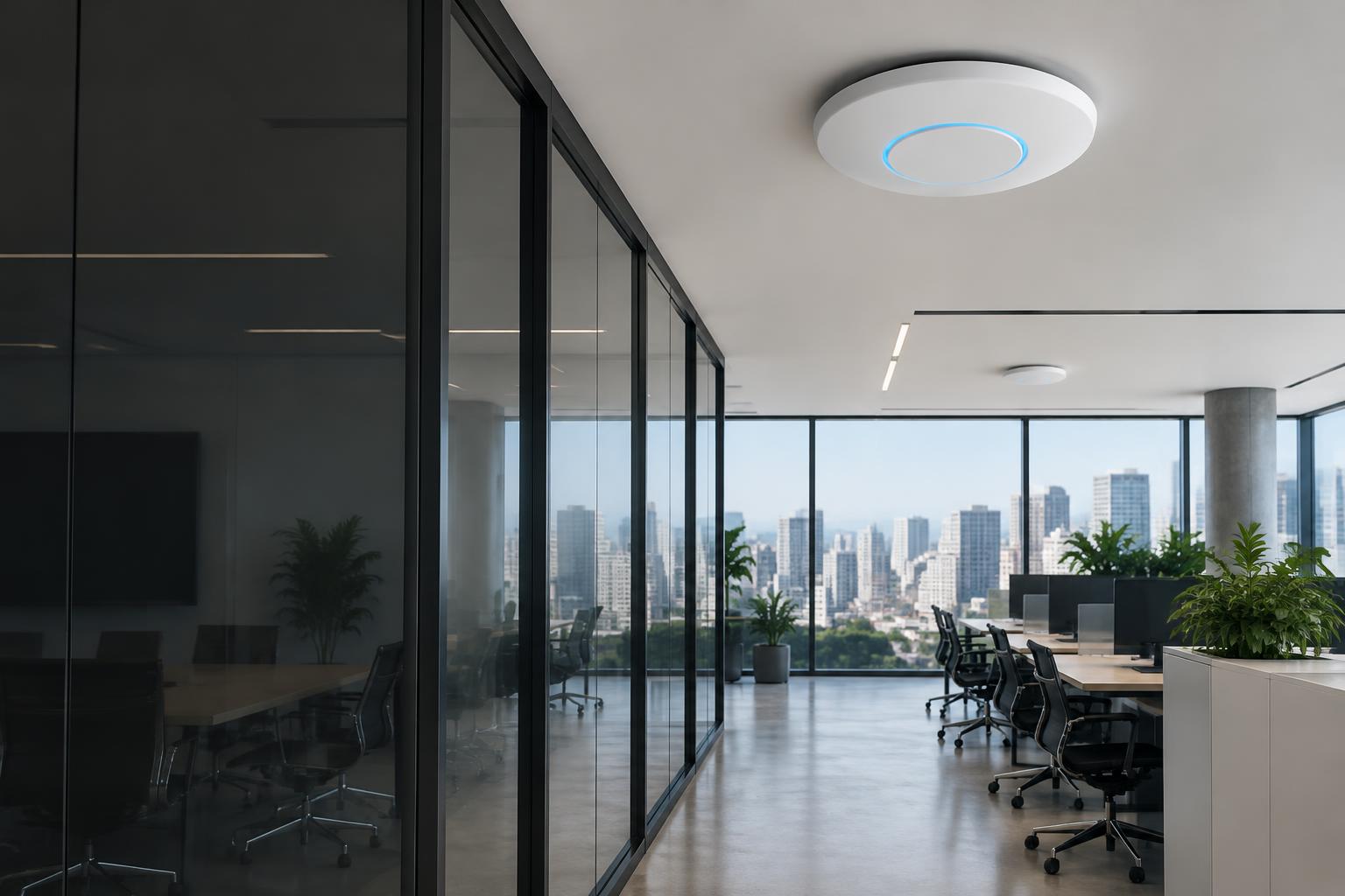 Access point de rede Wi-Fi corporativa instalado no teto de um escritório